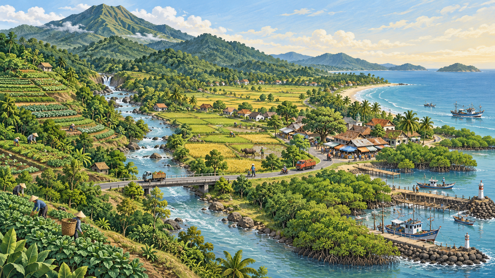 Ilustrasi bentang alam rekaan: pegunungan, kebun, sungai, pasar, jalan, pesisir, dan pelabuhan.