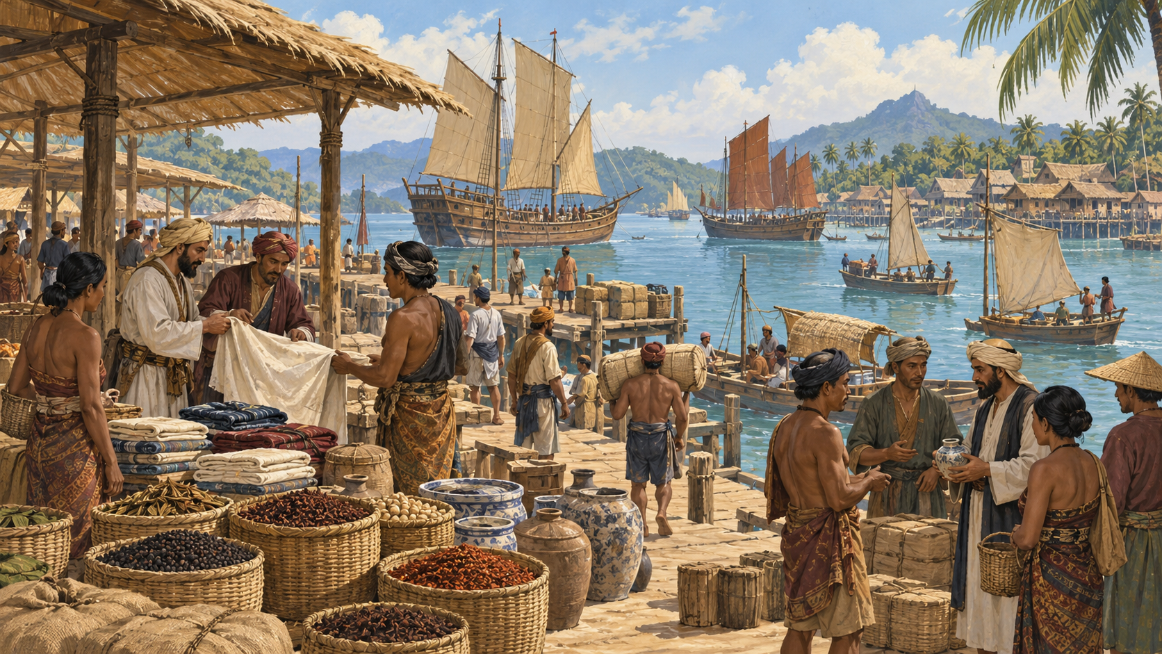 Ilustrasi imajinatif pelabuhan Nusantara sekitar abad XV dengan kapal layar dan kegiatan pertukaran barang.