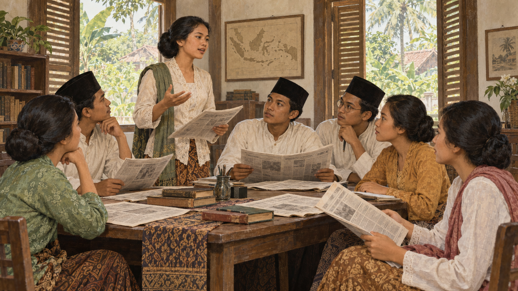 Ilustrasi imajinatif kelompok perempuan dan laki-laki membaca serta membahas gagasan pada awal abad XX.