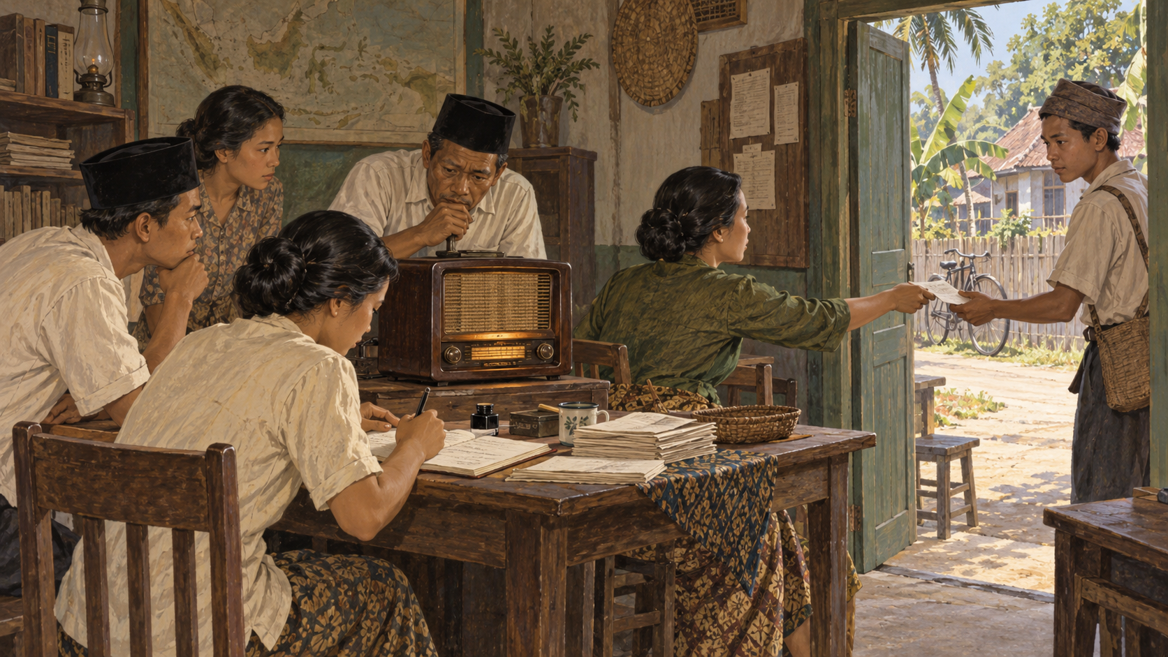 Ilustrasi imajinatif warga mendengarkan radio, mencatat, dan menyampaikan kabar pada suasana pertengahan 1940-an.