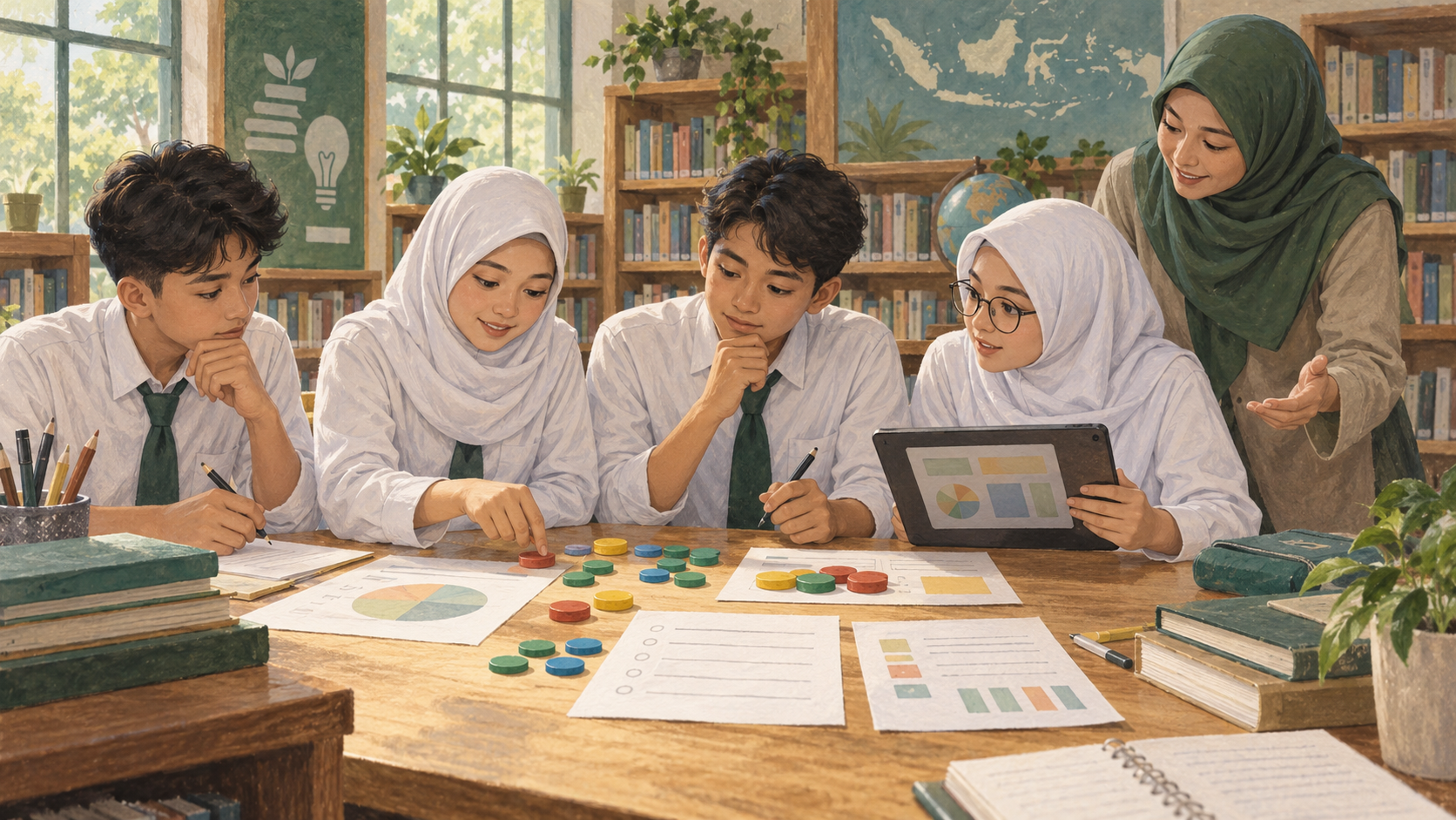 Ilustrasi siswa dan guru membandingkan catatan, token, serta informasi pada tablet di perpustakaan.